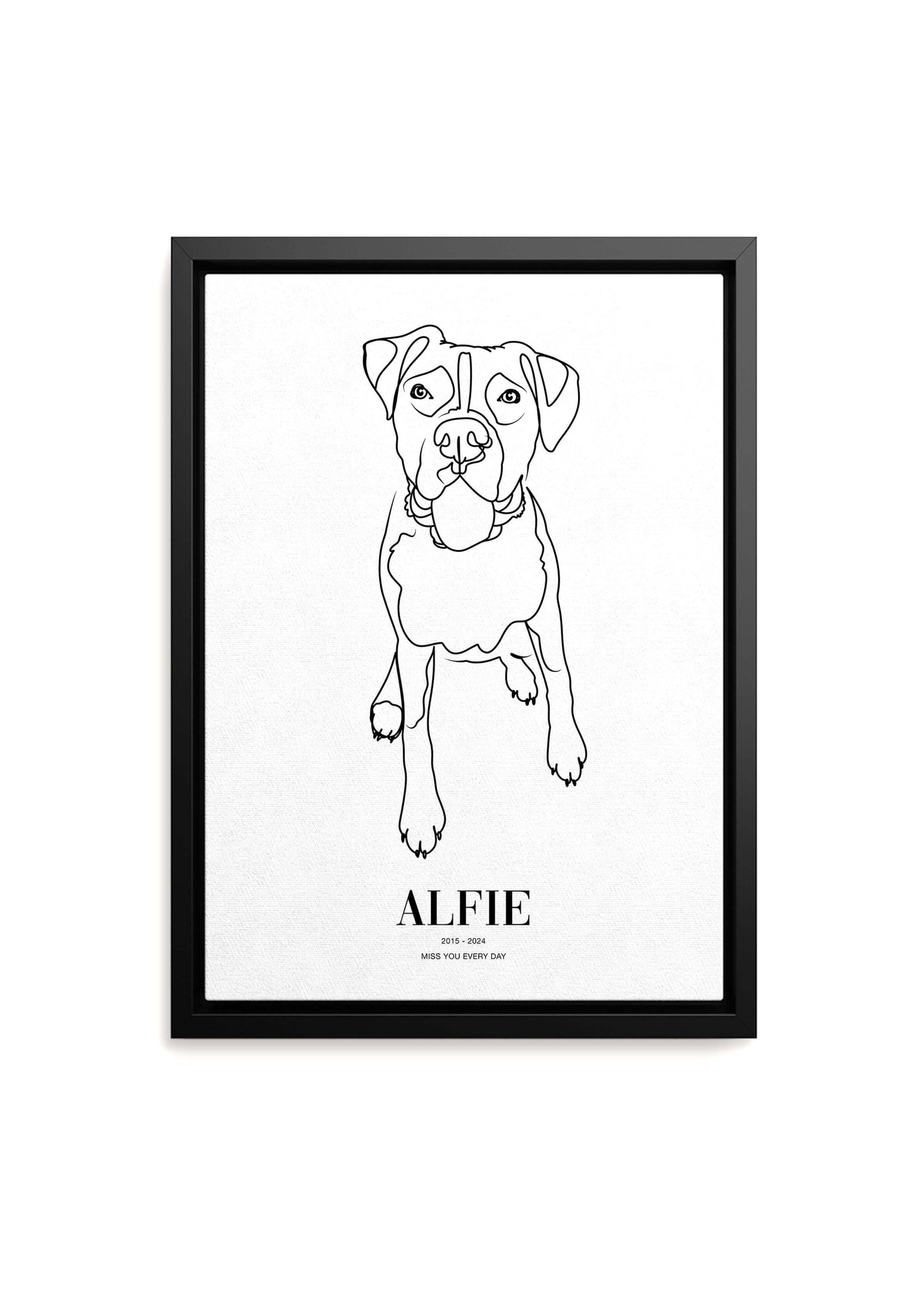 Dog memorial pet art line drawing on black framed canvas.