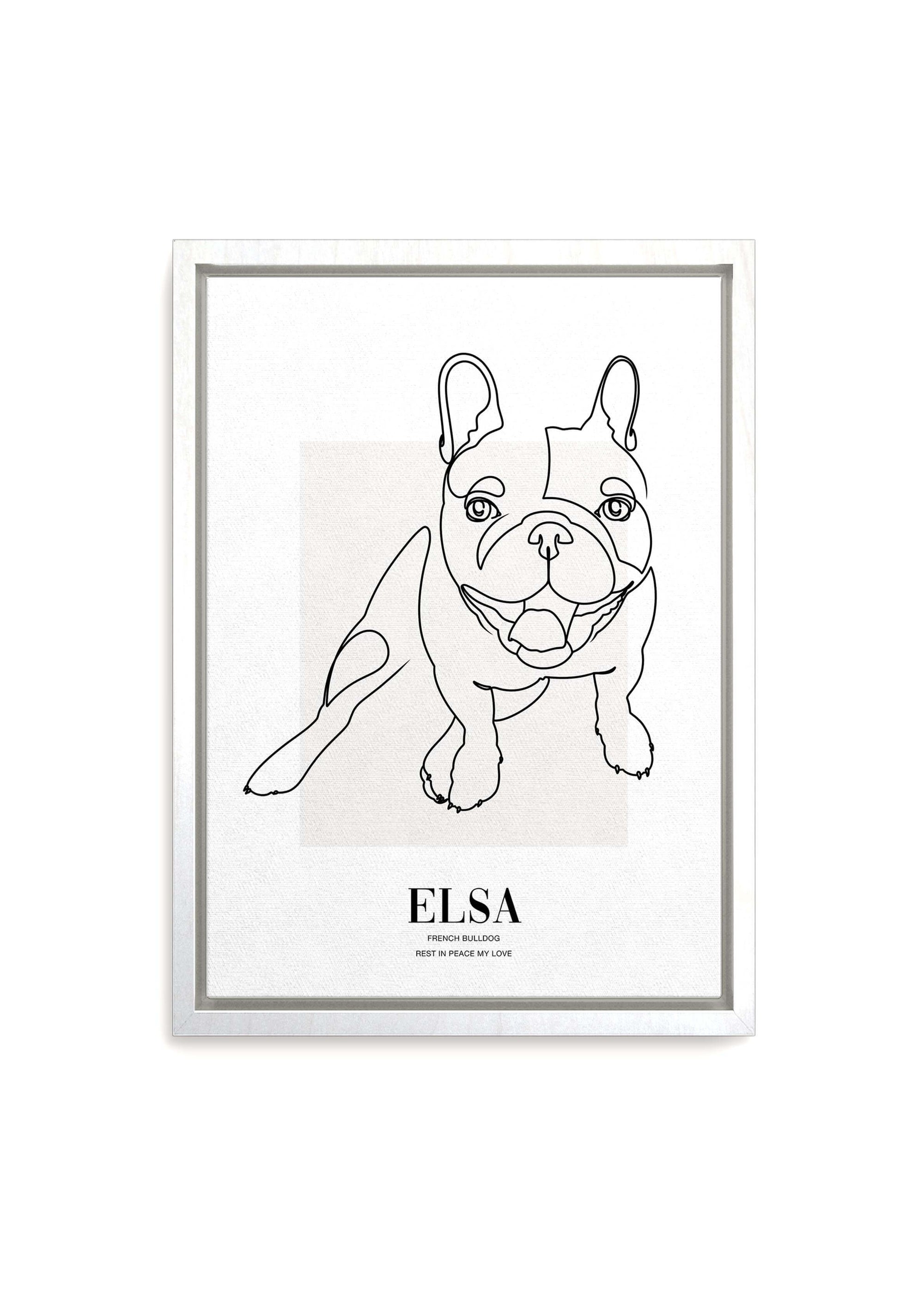 dog memorial line drawn pet art on canvas in white frame.