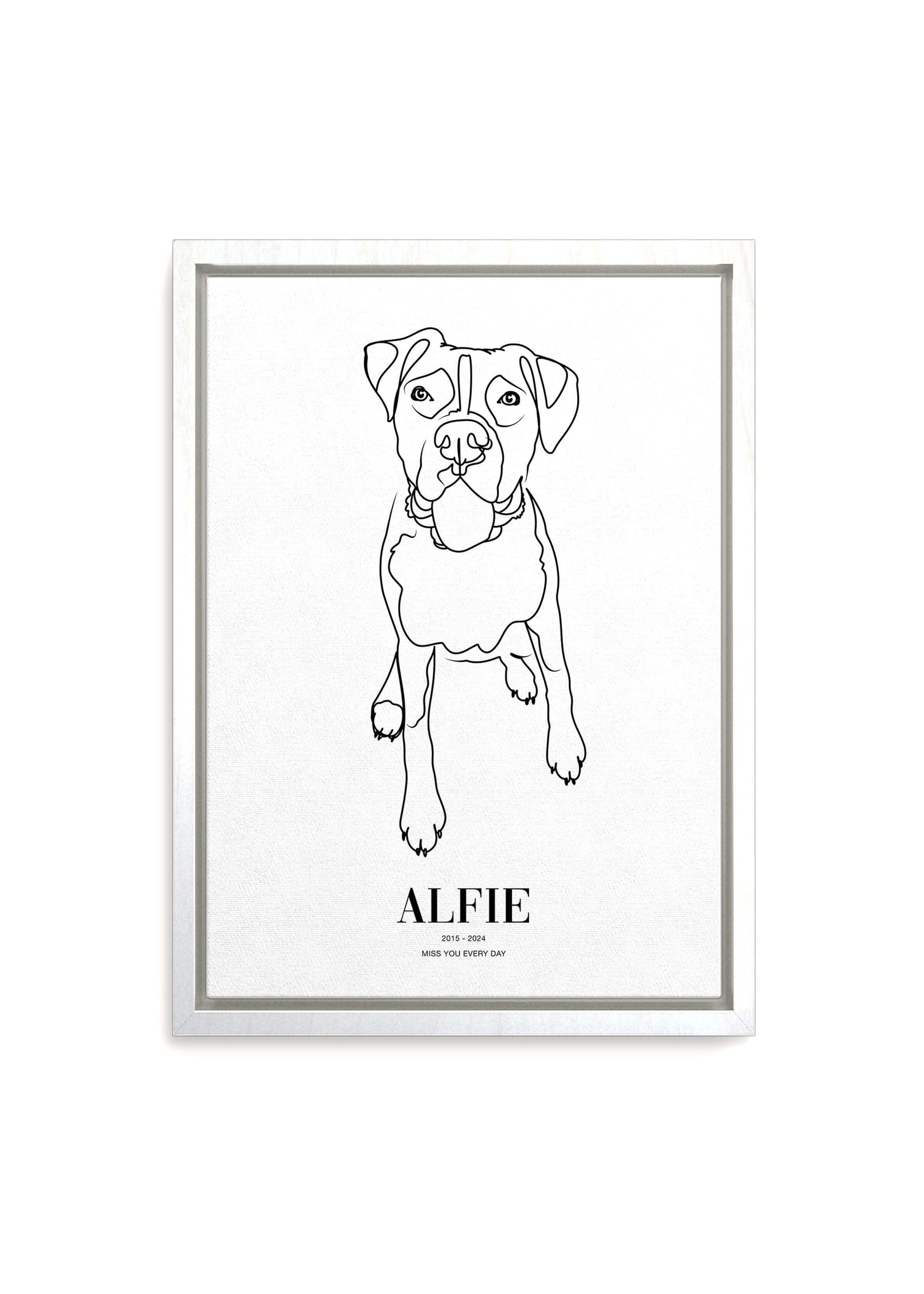 Dog memorial pet art line drawing on canvas with white frame.