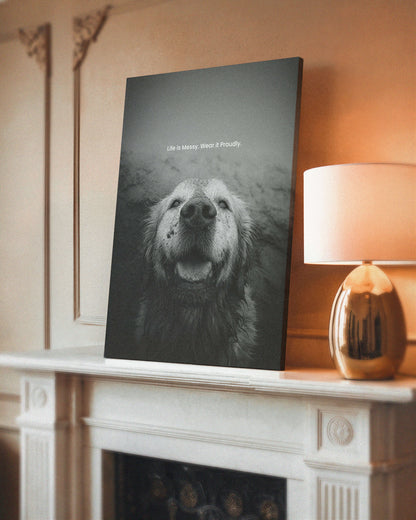 dog, dog art, dog mom, dog dad, gift for dog mom, gift for dog dad, golden retriever, golden retriever art, black and white art, dog wall art, inspirational dog quote, meaningful dog gift, pet lover gift, muddy dog, smiling dog, dog photography print, motivational dog poster, dog decor, dog lover wall art