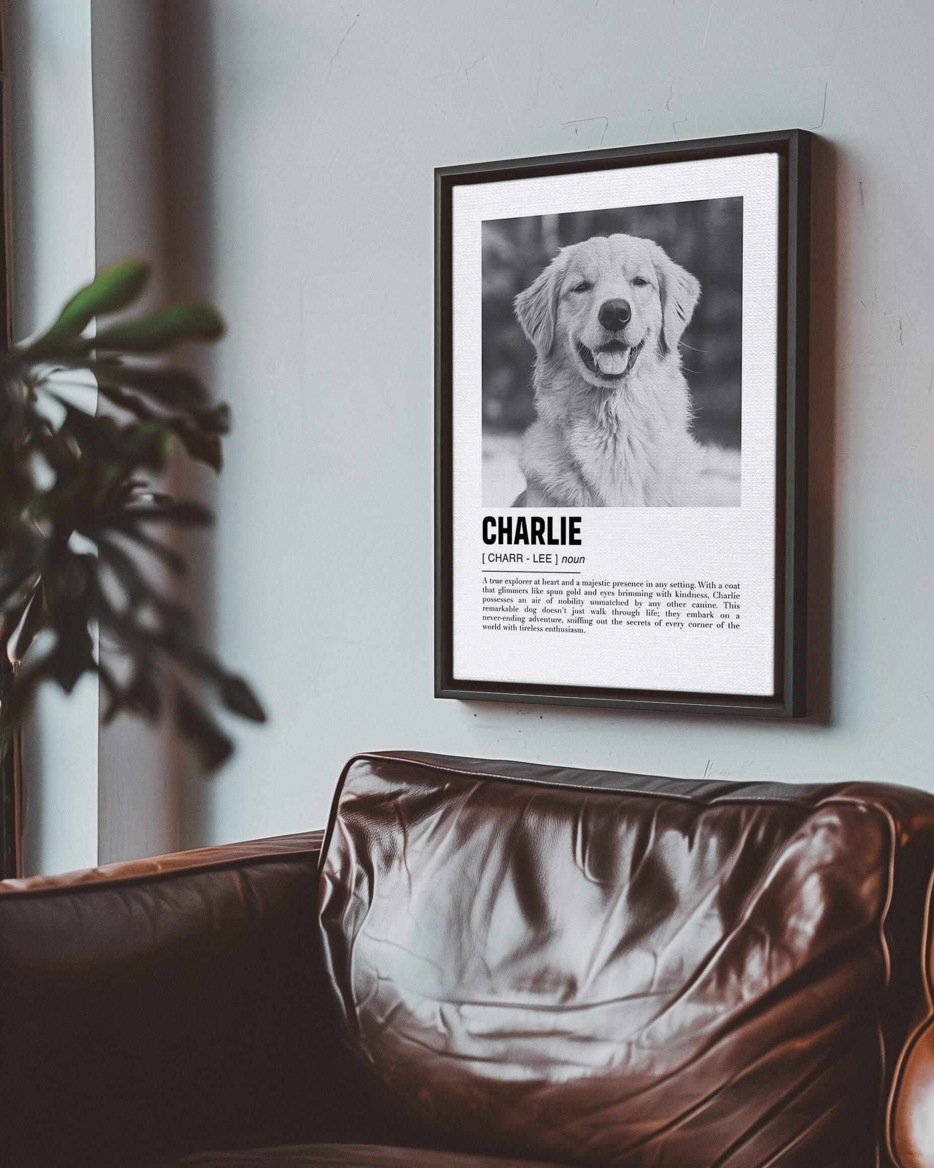 golden retriever custom pet portrait gift on canvas with black floating frame gift idea for dog mom and dog dad and pet parents