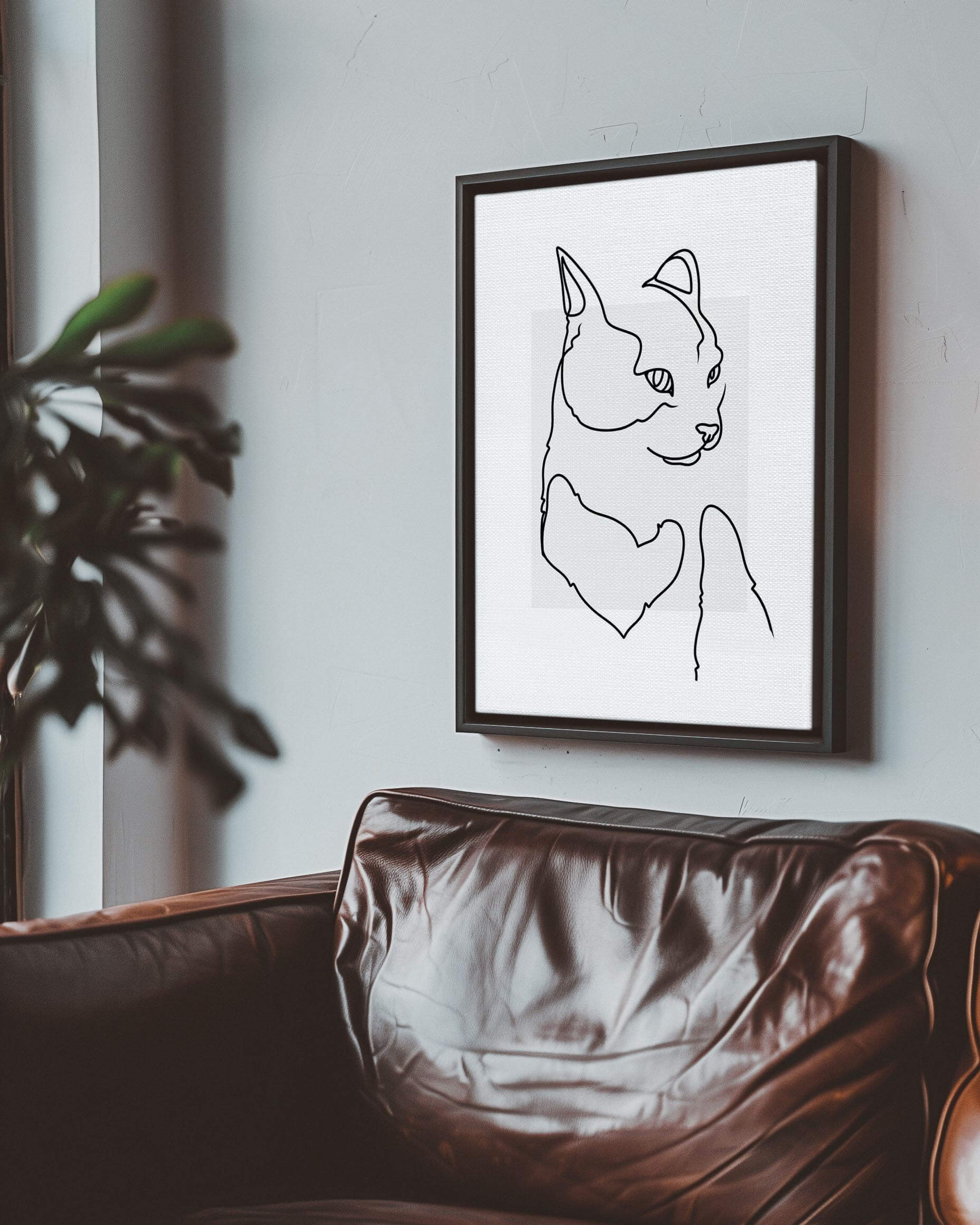 custom line drawn cat portrait printed on canvas and mounted in a unique home decor as a gift for a dog mom or dog dad pet parent made by vogue paws who specialize in personalized pet portrait gifts