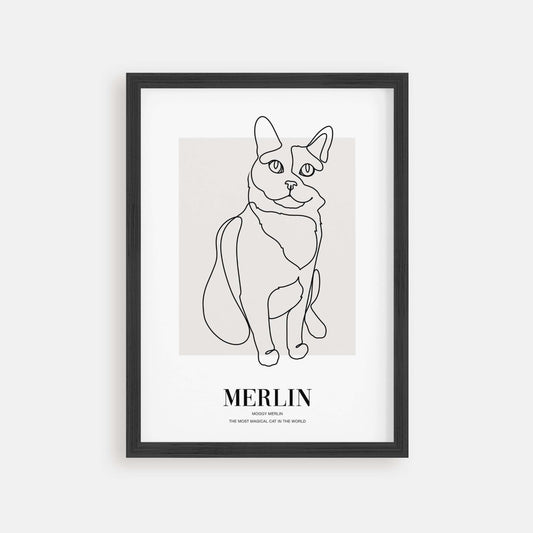 Personalized cat portrait in a picture frame with custom details, featuring a custom photo of a beloved feline. Ideal for custom pet portraits, this artwork serves as a beautiful cat memorial gift or personal pet art for the home. Perfect for custom pet frames, personalized pet portrait art, and custom cat artwork.