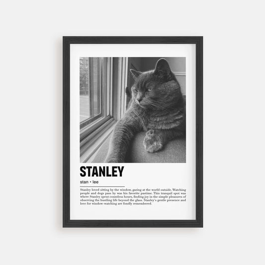 Personalized cat portrait in a picture frame with custom details, featuring a custom photo of a beloved feline. Ideal for custom pet portraits, this artwork serves as a beautiful cat memorial gift or personal pet art for the home. Perfect for custom pet frames, personalized pet portrait art, and custom cat artwork.