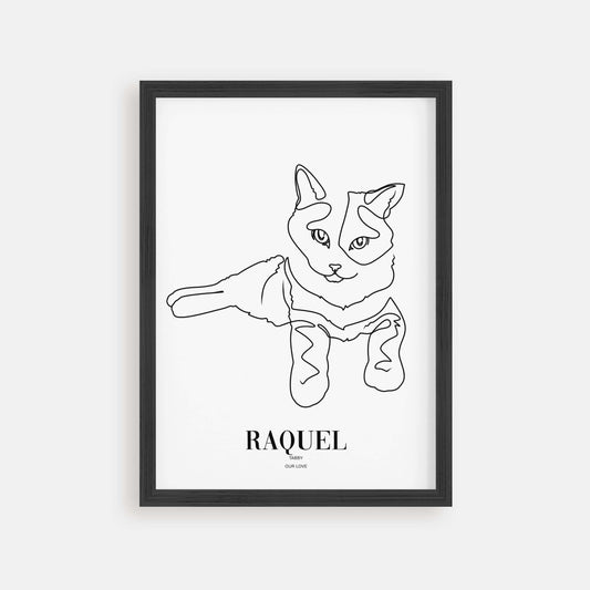 Personalized cat portrait in a picture frame with custom details, featuring a custom photo of a beloved feline. Ideal for custom pet portraits, this artwork serves as a beautiful cat memorial gift or personal pet art for the home. Perfect for custom pet frames, personalized pet portrait art, and custom cat artwork.