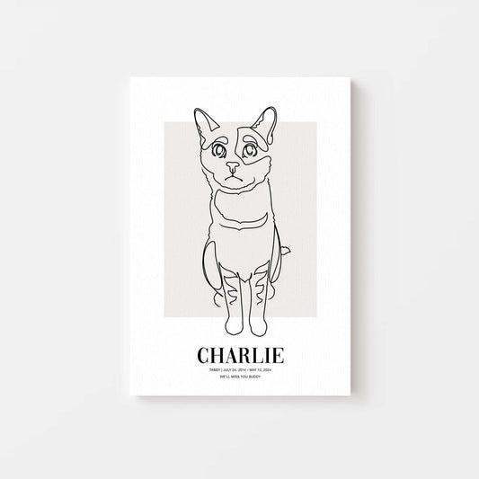 Personalized cat portrait on canvas with custom details, featuring a custom photo of a beloved feline. Ideal for custom pet portraits, this artwork serves as a beautiful cat memorial gift or personal pet art for the home. Perfect for custom pet canvas, personalized pet portrait art, and custom cat artwork.