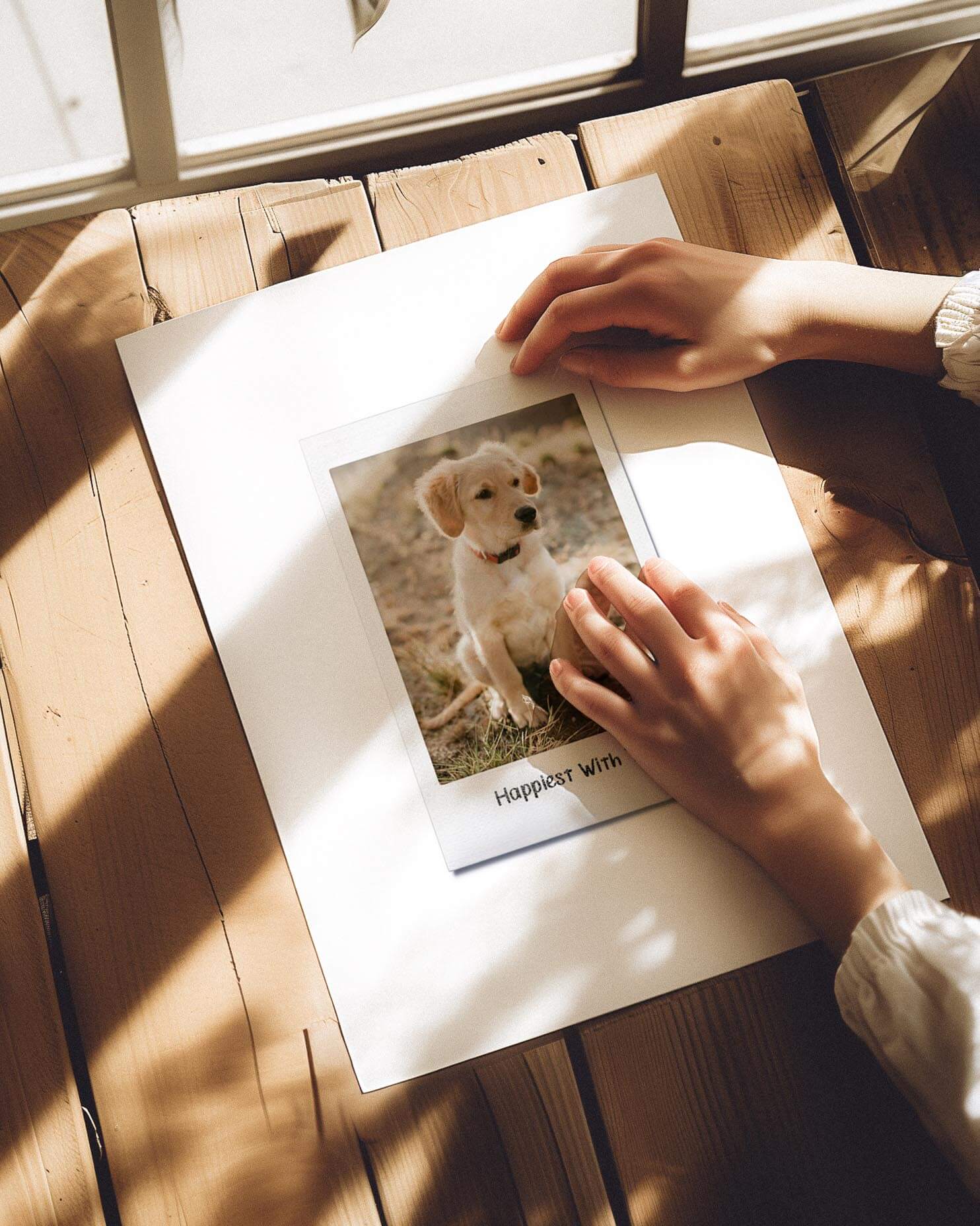 custom dog photo turned into instant film framed print in modern interior home decor. art made by vogue paws personalized pet portrait art made for gift ideas for dog mom and dog dad pet parents or as a pet memorial sympathy gift idea