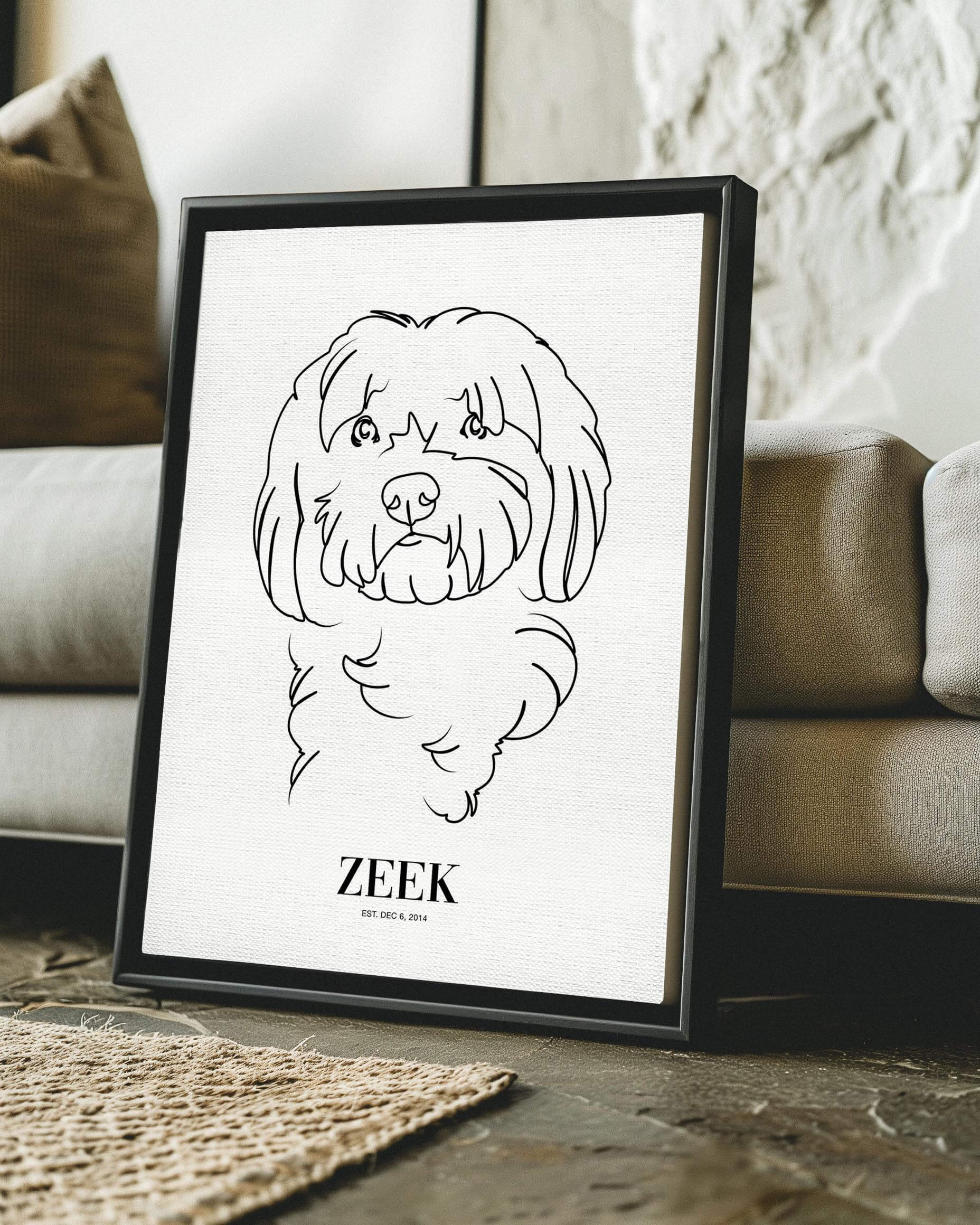 dog print line drawing custom art on canvas and mounted on wall of contemporary home decor living space creating a unique custom gift idea for dog mom and dog dad pet parents made by vogue paws personalized pet portrait dog art