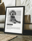 custom pet portrait leaning on sofa to enhance home decor with custom pet portrait of golden retriever puppy photo printed on canvas in black and white for dog mom and dog dad last minute gift idea for pet parents