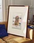 custom dog photo turned into instant film framed print in modern interior home decor. art made by vogue paws personalized pet portrait art made for gift ideas for dog mom and dog dad pet parents or as a pet memorial sympathy gift idea
