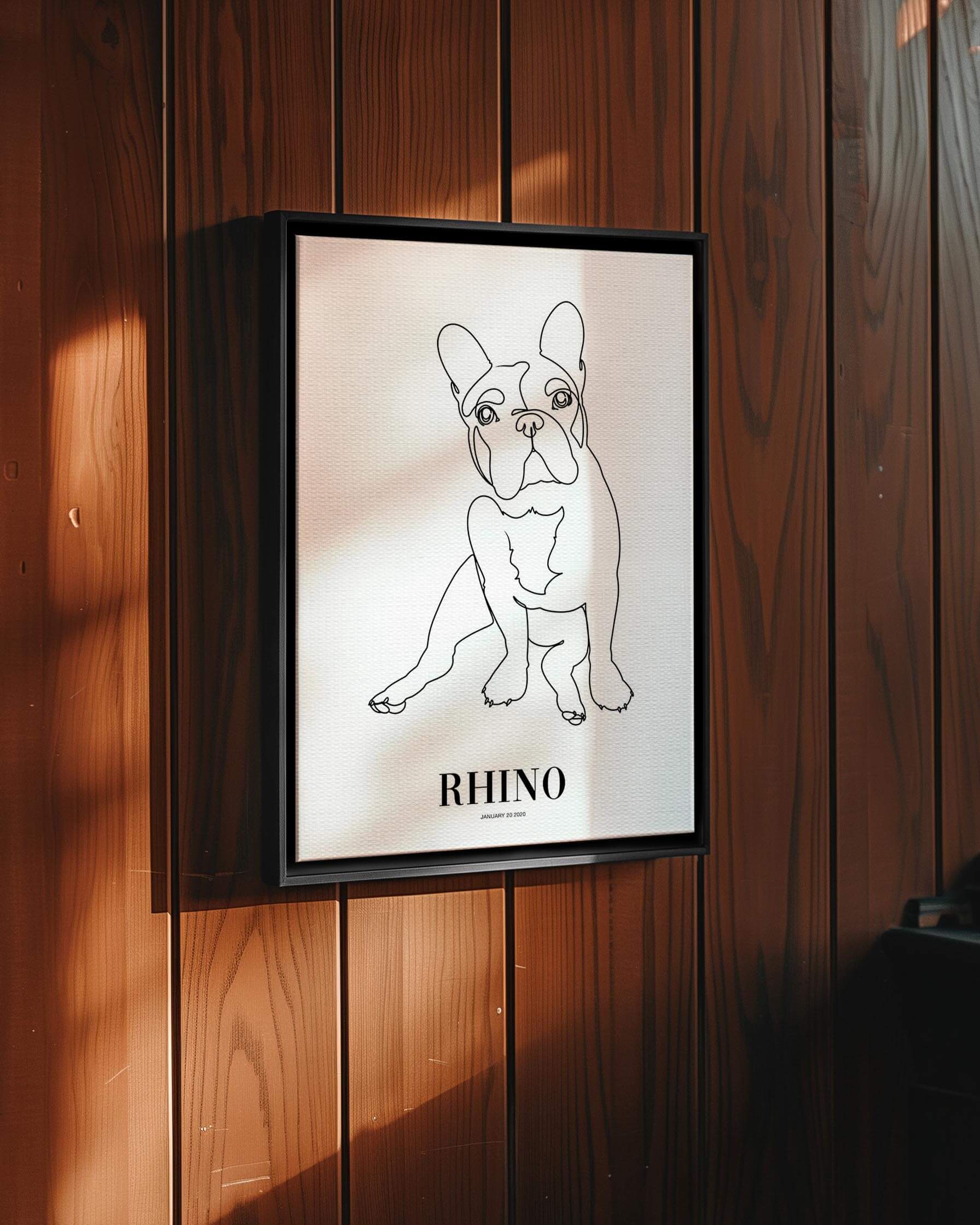 french bulldog print line drawing custom art on canvas and mounted on wall of contemporary home decor living space creating a unique custom gift idea for dog mom and dog dad pet parents made by vogue paws personalized pet portrait dog art