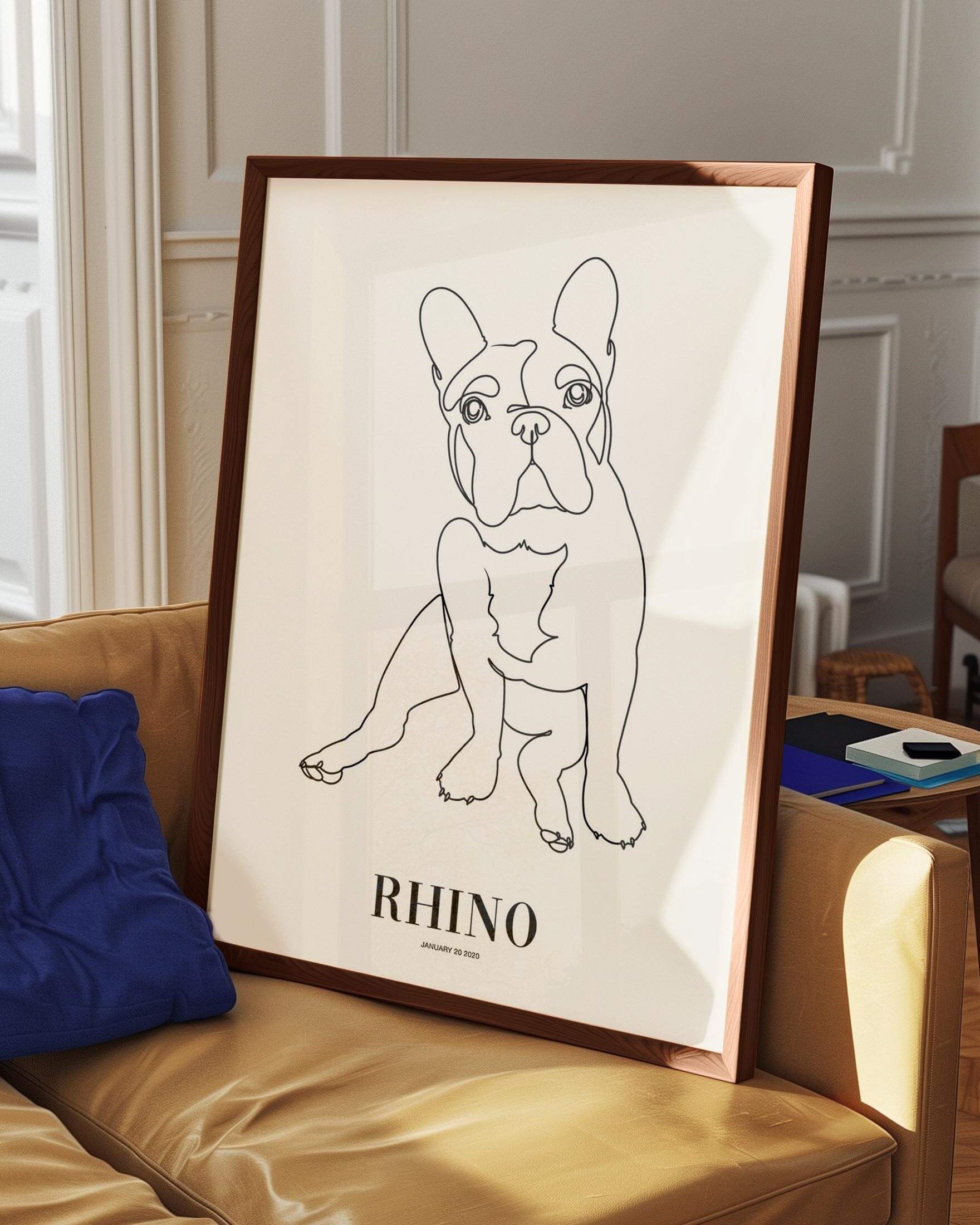 custom dog drawing line art in living room by vogue paws who specialize in personalized pet portraits for the home and gift ideas like pet memorial tribute art or dog mom and dog dad pet parent gift ideas.