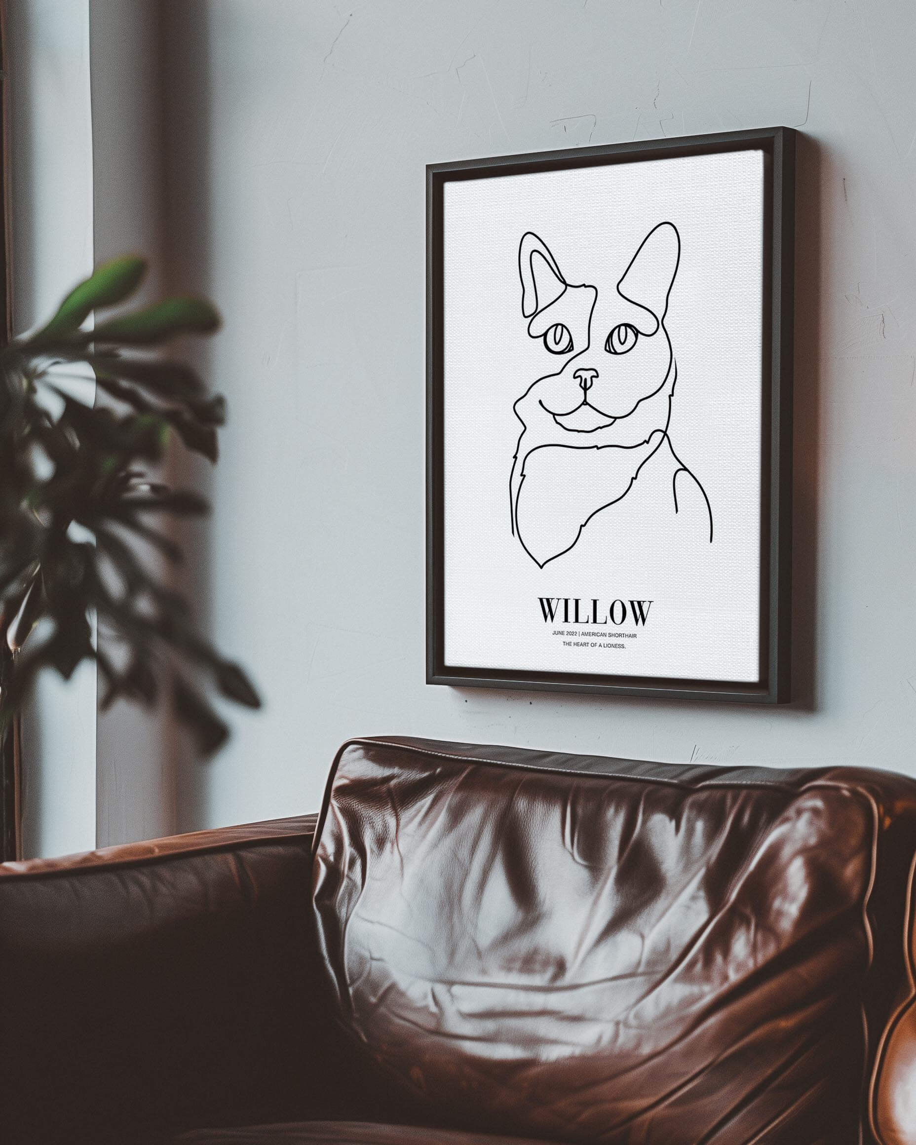 cat art print line drawing custom art on canvas and mounted on wall of contemporary home decor living space creating a unique custom gift idea for dog mom and dog dad pet parents made by vogue paws personalized pet portrait dog art