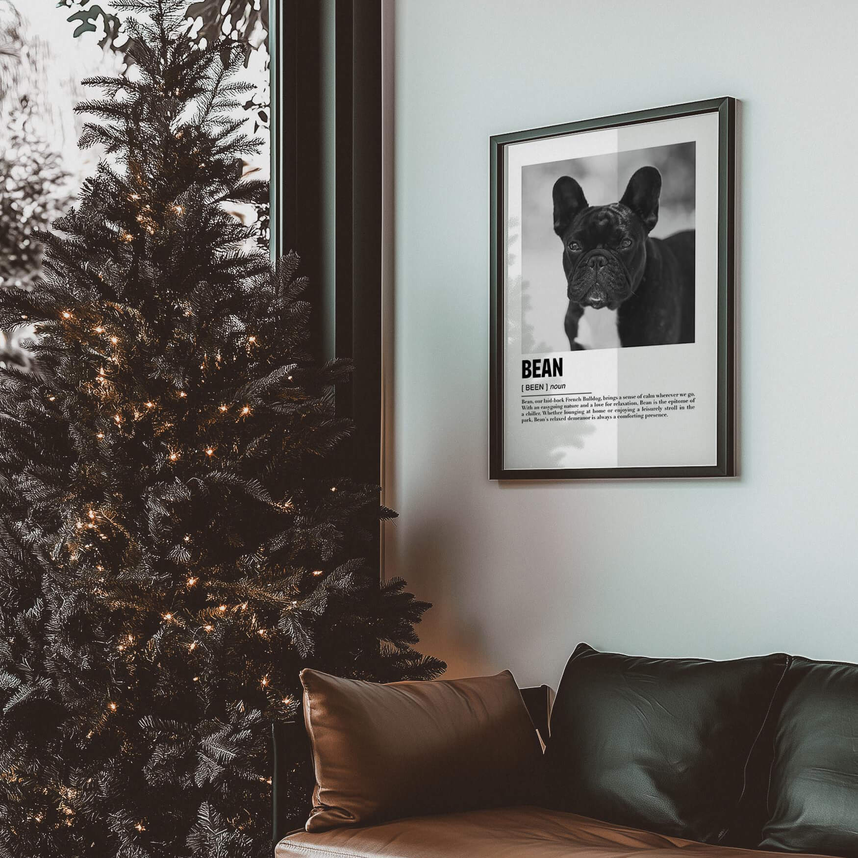 christmas gift ideas for pet parents like french bulldog and golden retriever dog owners. Gifts for dog mom and dog dad xmas gifts. Pet portrait under the christmas tree.