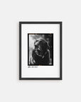dog memorial pet art, black and white photo in black frame.