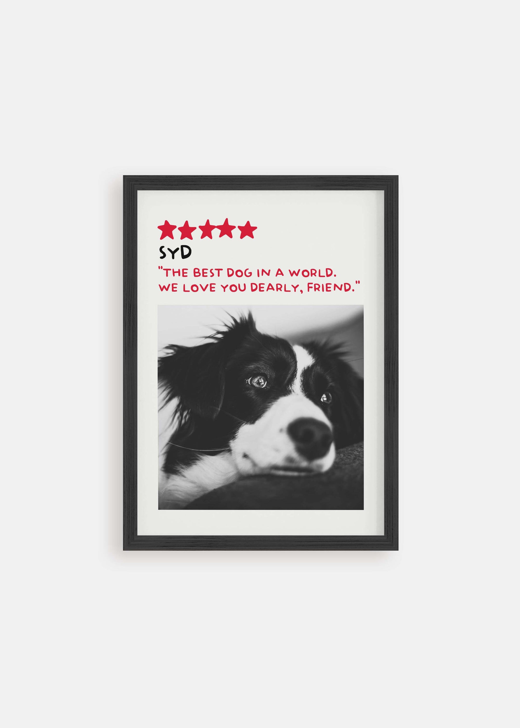 Dog memorial pet art poster in black frame.