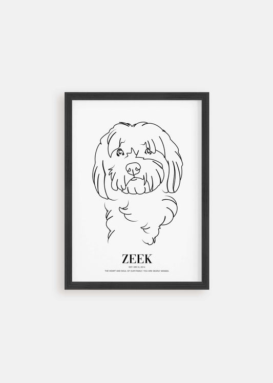 Dog memorial line drawn pet art in black framed poster