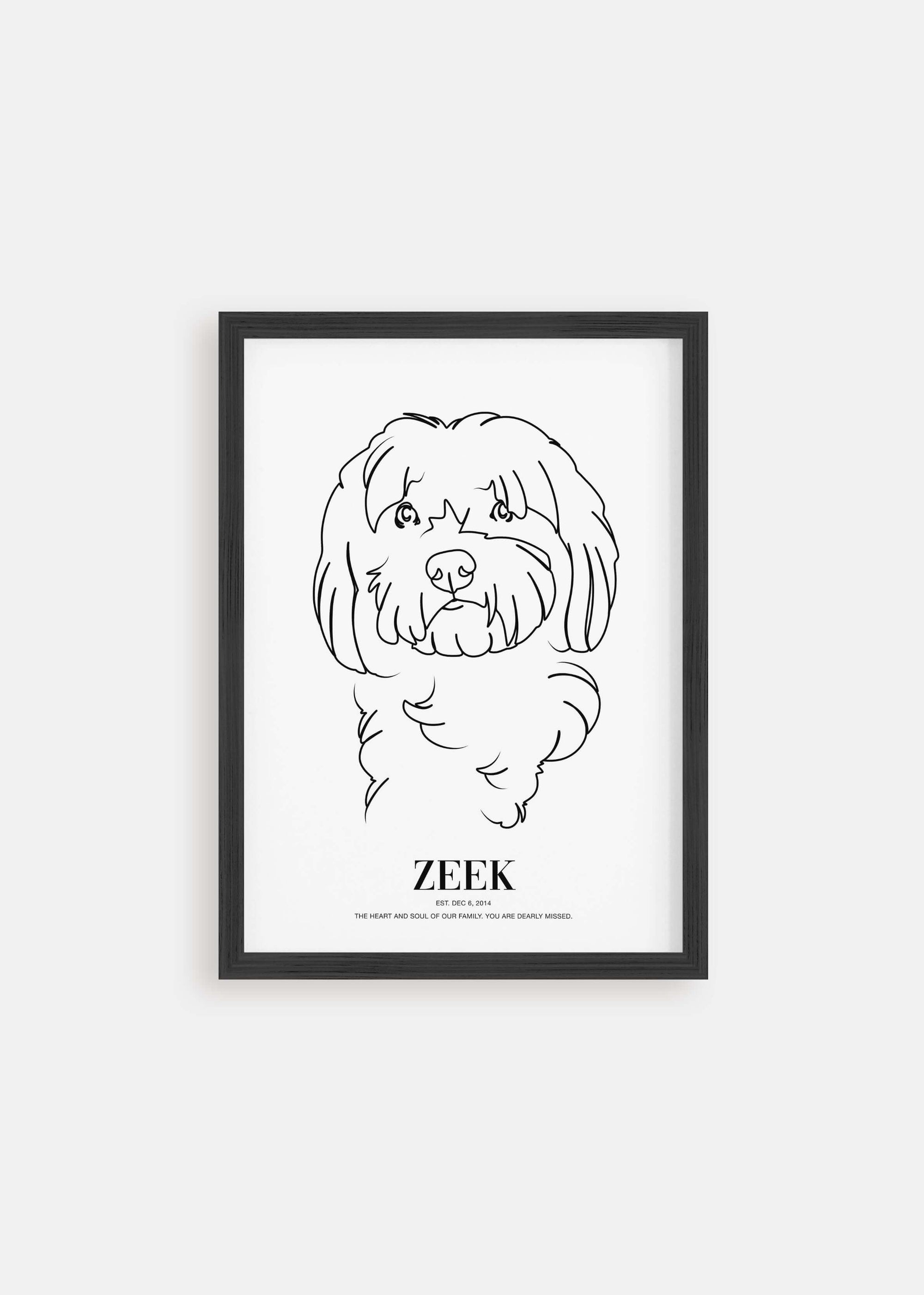 Dog memorial line drawn pet art in black framed poster