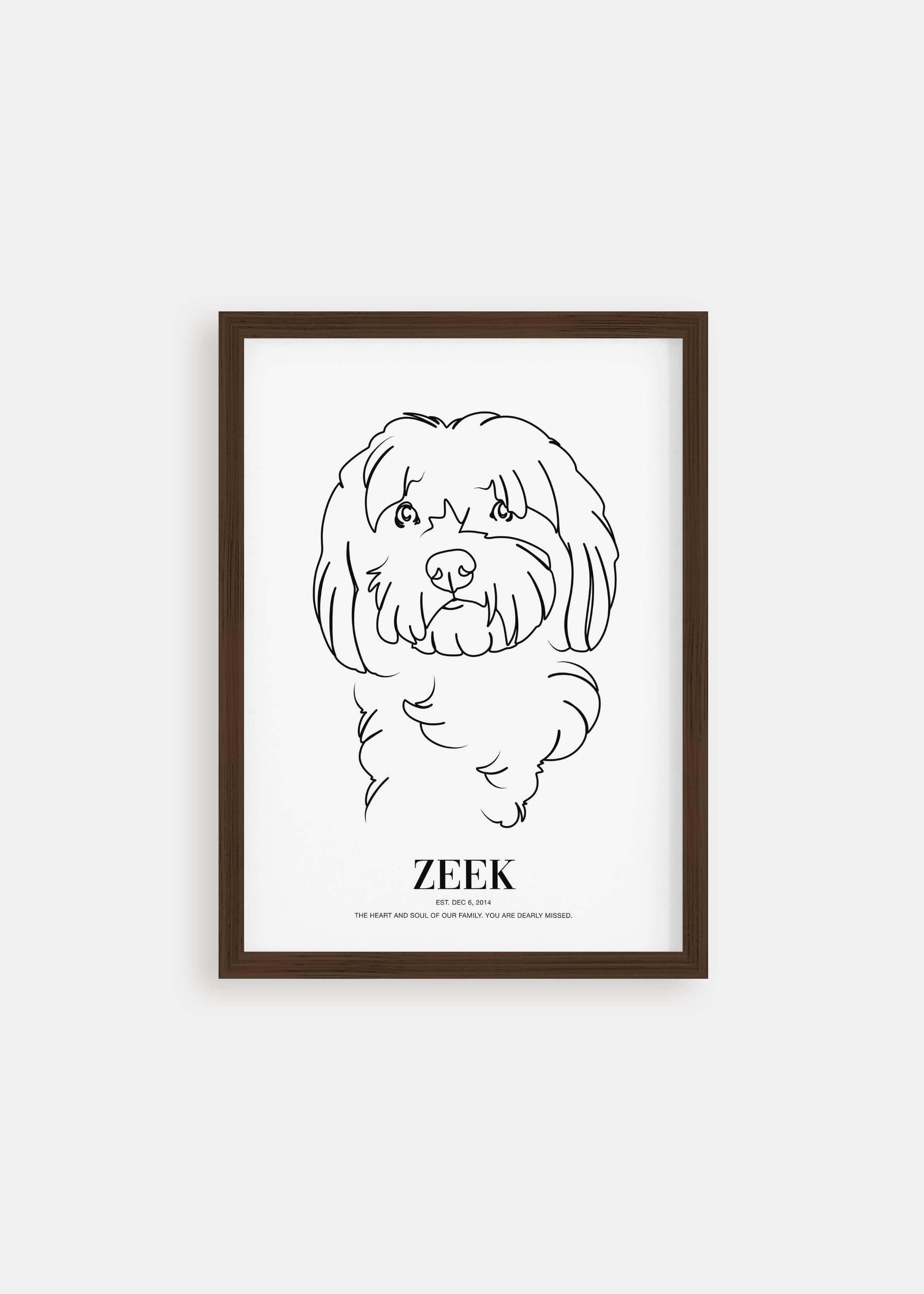 Dog memorial line drawn pet art in walnut framed poster