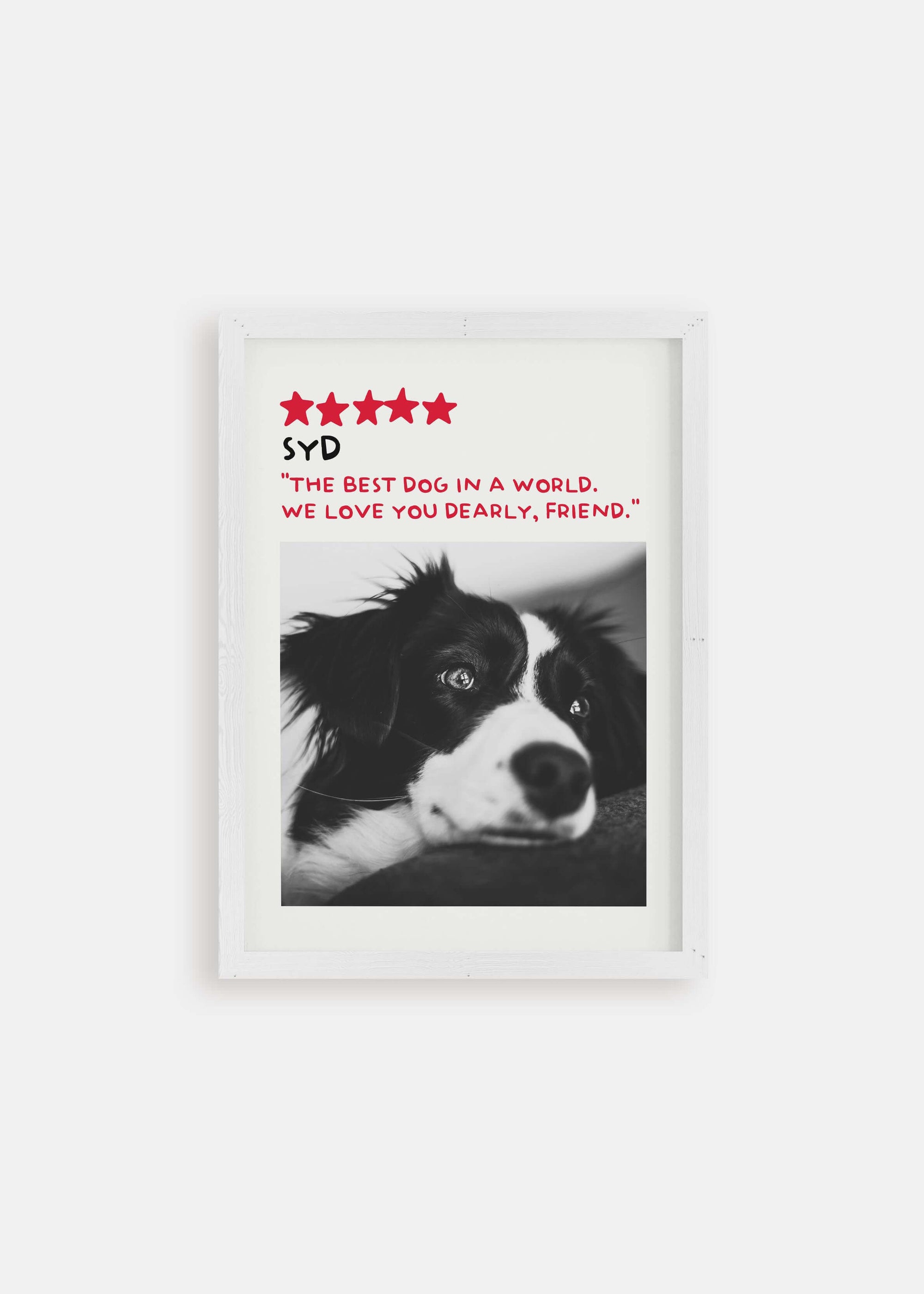 Dog memorial pet art poster in white frame.