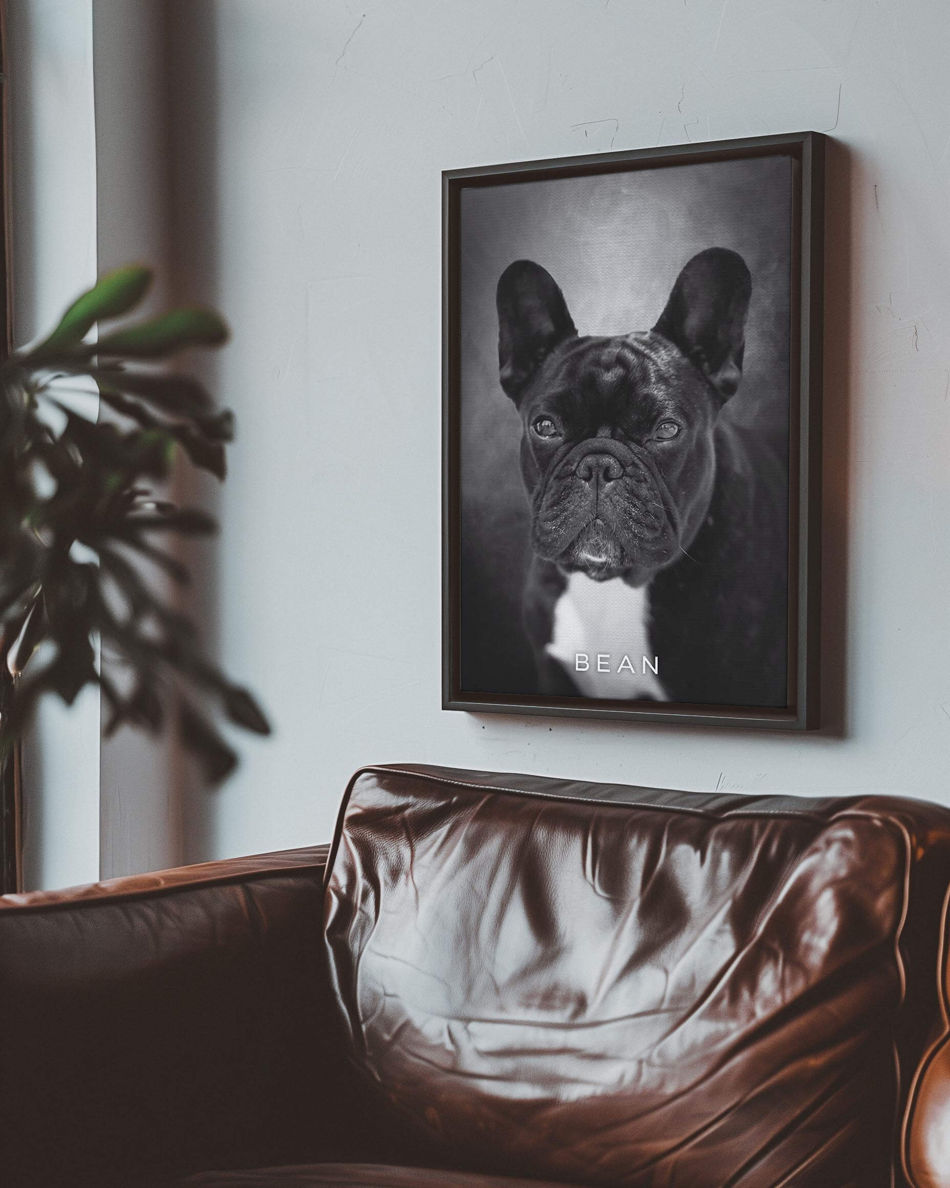 black and white art print of french bulldog on canvas in black floating frame on wall in modern home decor design gift idea to dog mom or dog dad pet parents personalized pet portrait created by Vogue Paws dog art