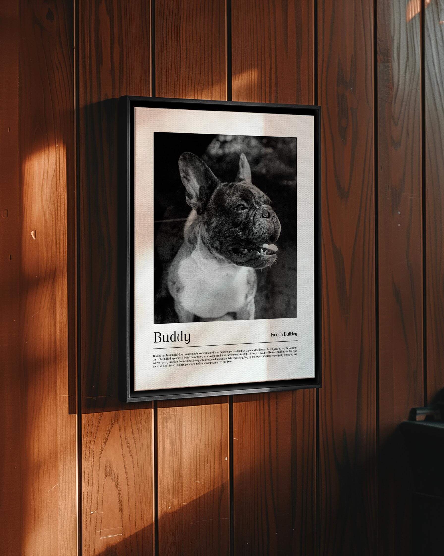 French bulldog photo printed as black and white art and custom framed and personalized in modern home decor setting making a unique custom gift for dog mom and dog dad pet parents created by vogue paws personalized pet portraits
