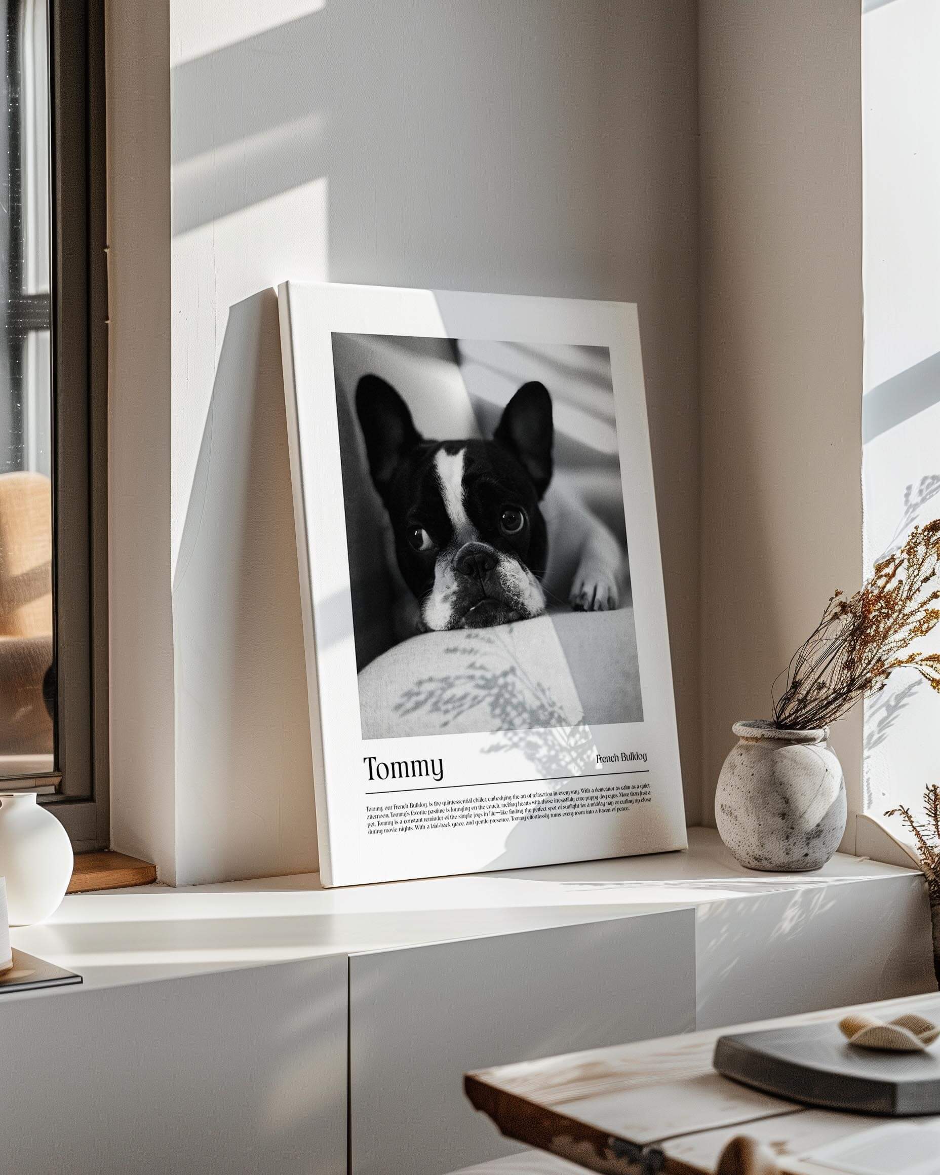 French Bulldog photo printed as black and white art and custom framed and personalized in modern home decor setting making a unique custom gift for dog mom and dog dad pet parents created by vogue paws personalized pet portraits