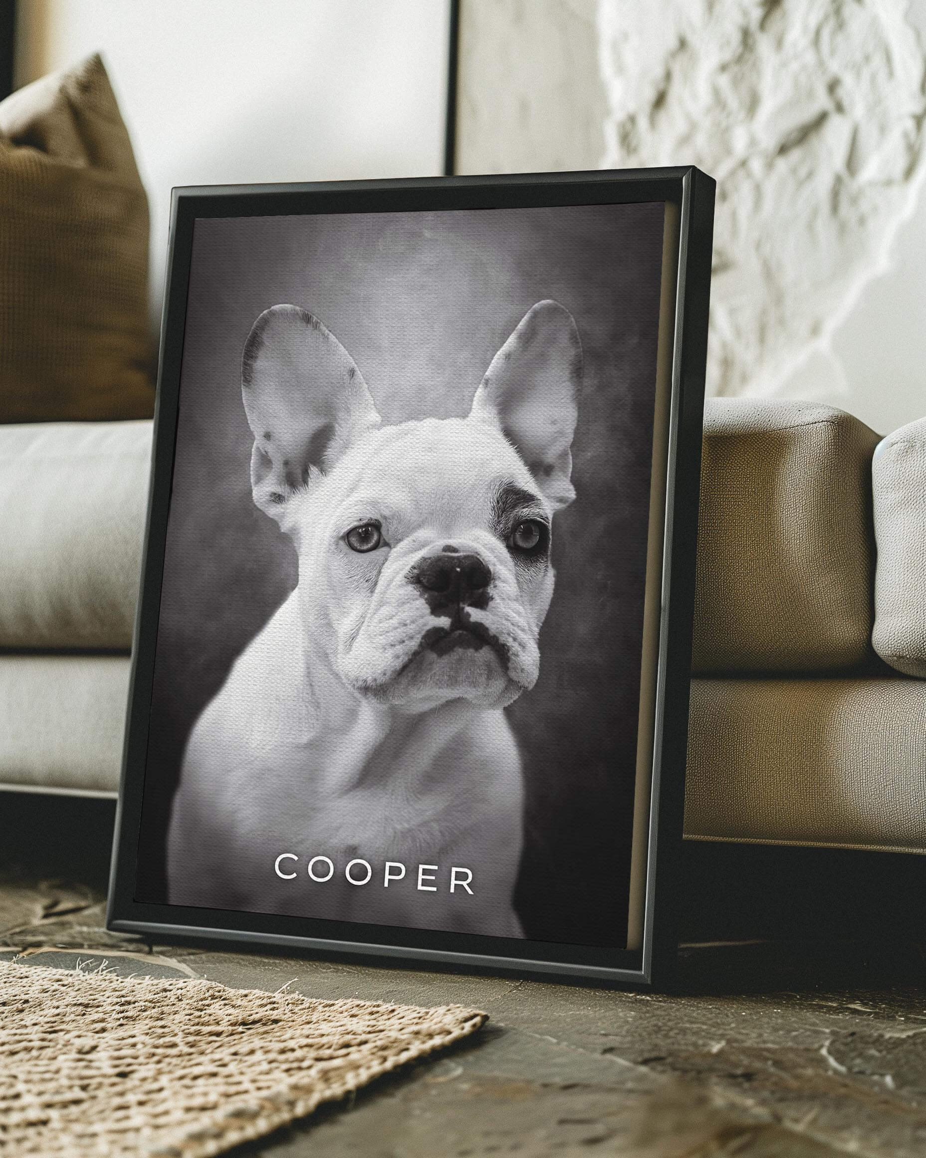black and white art print of french bulldog puppy on canvas in black floating frame on wall in modern home decor design gift idea to dog mom or dog dad pet parents personalized pet portrait created by Vogue Paws dog art