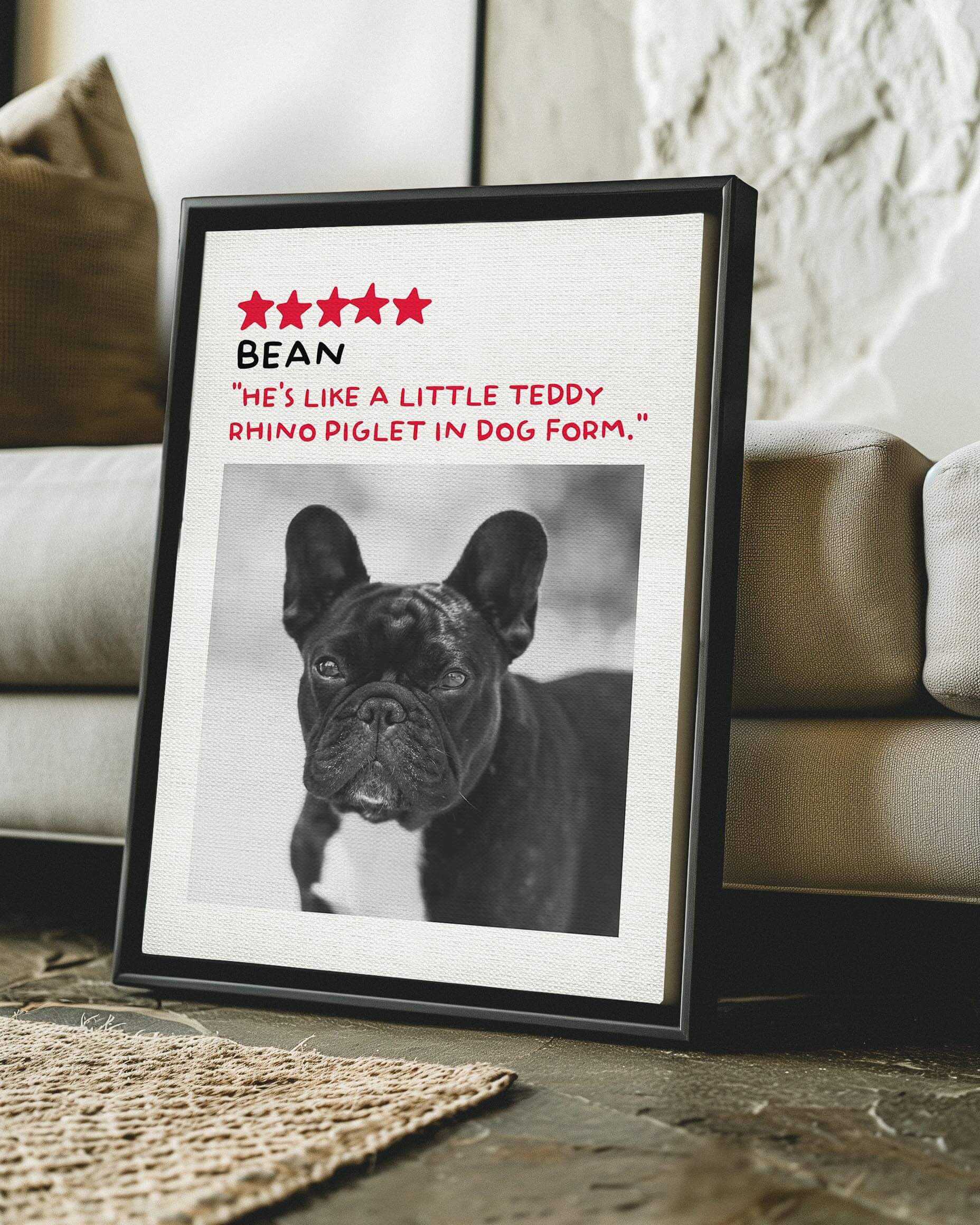 French Bulldog photo printed in black and white custom art on canvas and mounted on wall of contemporary home decor living space creating a unique custom gift idea for dog mom and dog dad pet parents made by vogue paws personalized pet portrait dog art