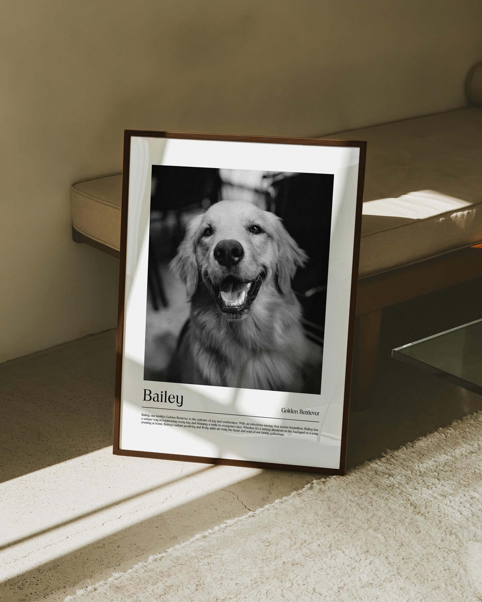 dog photo printed as black and white art and custom framed and personalized in modern home decor setting making a unique custom gift for dog mom and dog dad pet parents created by vogue paws personalized pet portraits