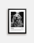 Golden retriever dog photo printed as black and white art and custom framed and personalized in modern home decor setting making a unique custom gift for dog mom and dog dad pet parents created by vogue paws personalized pet portraits