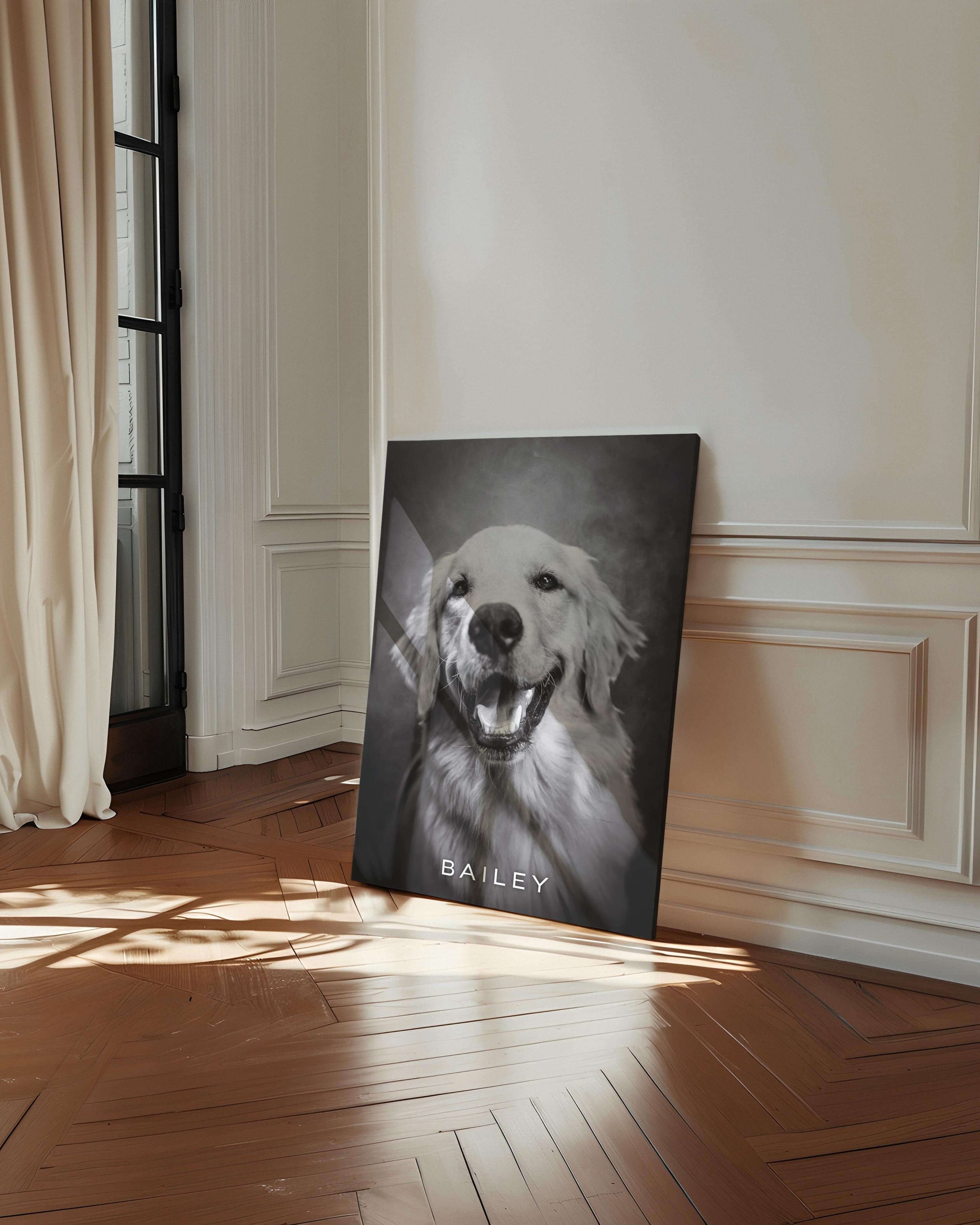 black and white art print of golden retriever dog on canvas against wall in modern home decor design gift idea to dog mom or dog dad pet parents personalized pet portrait created by Vogue Paws dog art
