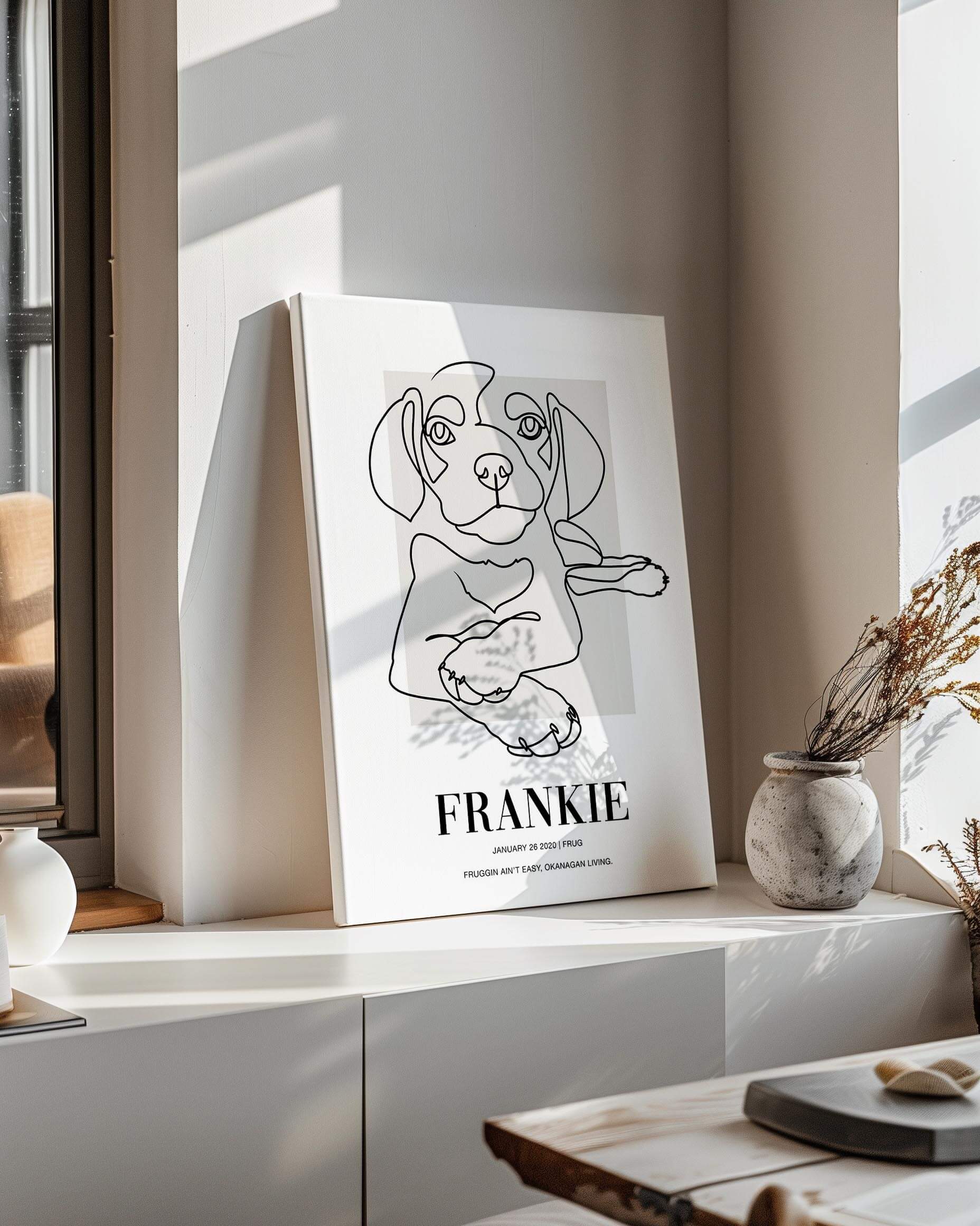 custom line drawn dog portrait printed on canvas and mounted in a unique home decor as a gift for a dog mom or dog dad pet parent made by vogue paws who specialize in personalized pet portrait gifts