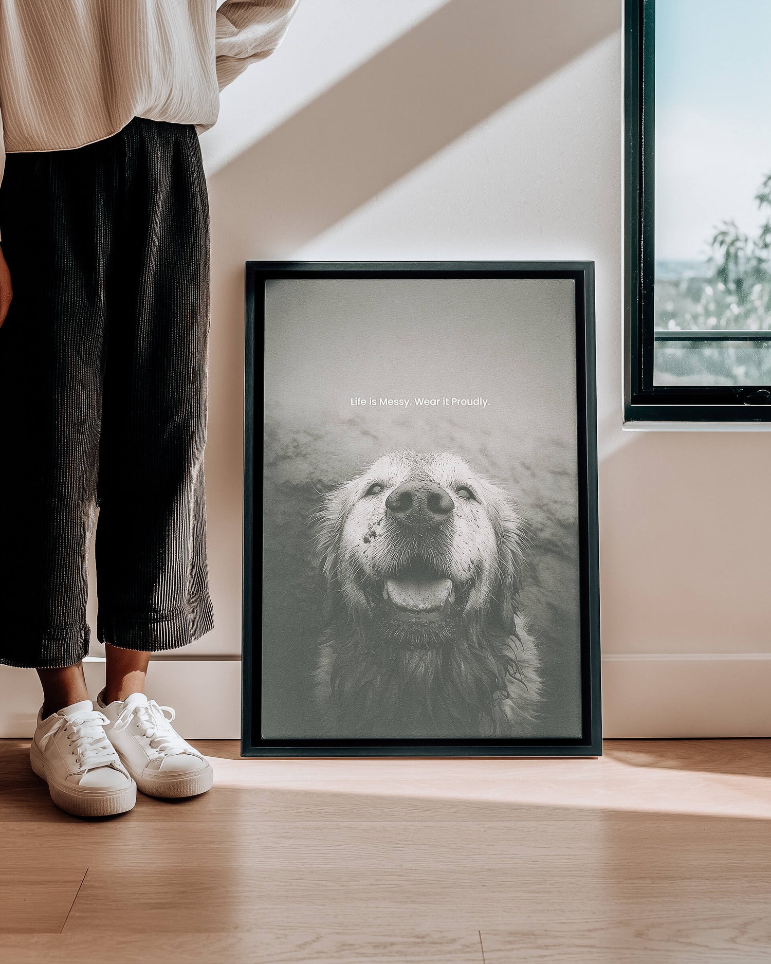dog, dog art, dog mom, dog dad, gift for dog mom, gift for dog dad, golden retriever, golden retriever art, black and white art, dog wall art, inspirational dog quote, meaningful dog gift, pet lover gift, muddy dog, smiling dog, dog photography print, motivational dog poster, dog decor, dog lover wall art
