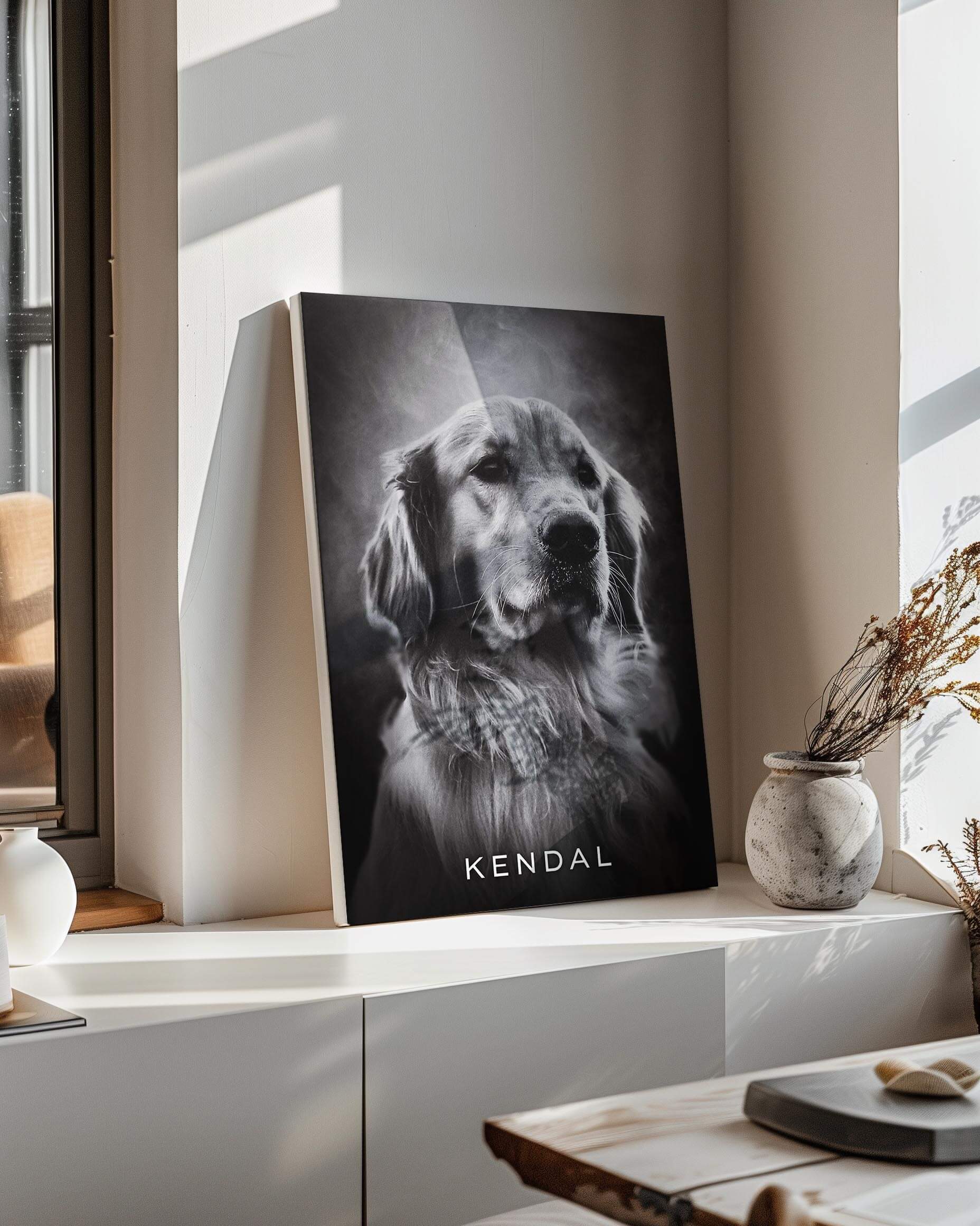black and white art print of golden retriever on canvas against wall in modern home decor design gift idea to dog mom or dog dad pet parents personalized pet portrait created by Vogue Paws dog art