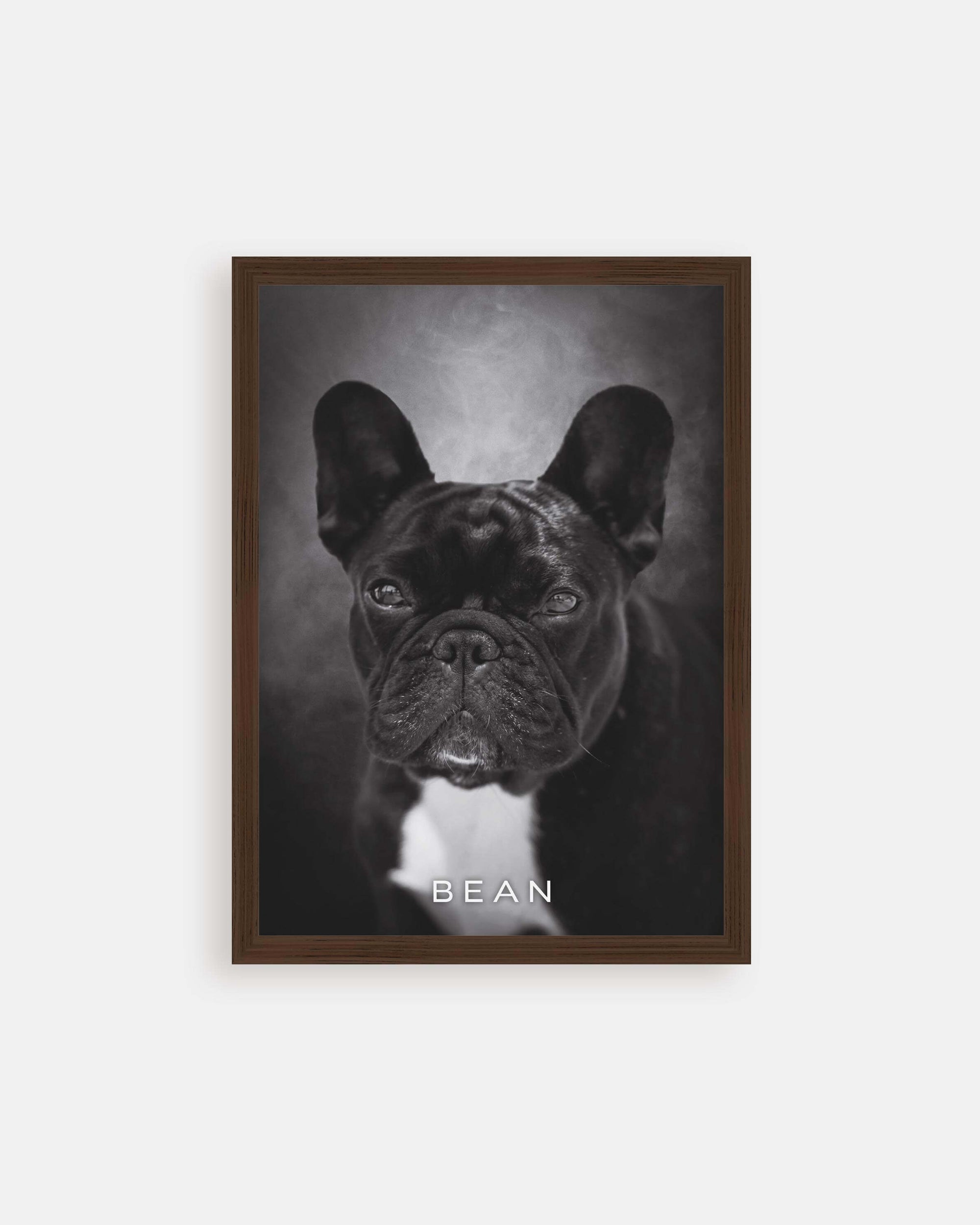 framed black and white art print of dog on poster frame in home decor setting, a gift idea to dog mom or dog dad pet parents personalized pet portrait created by Vogue Paws dog art